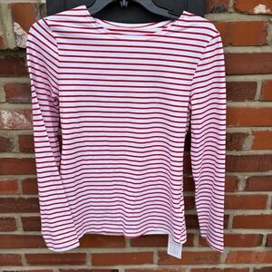 LILYCOCO Womens Red White Striped Long Sleeve Cotton Blend Top XS NEW